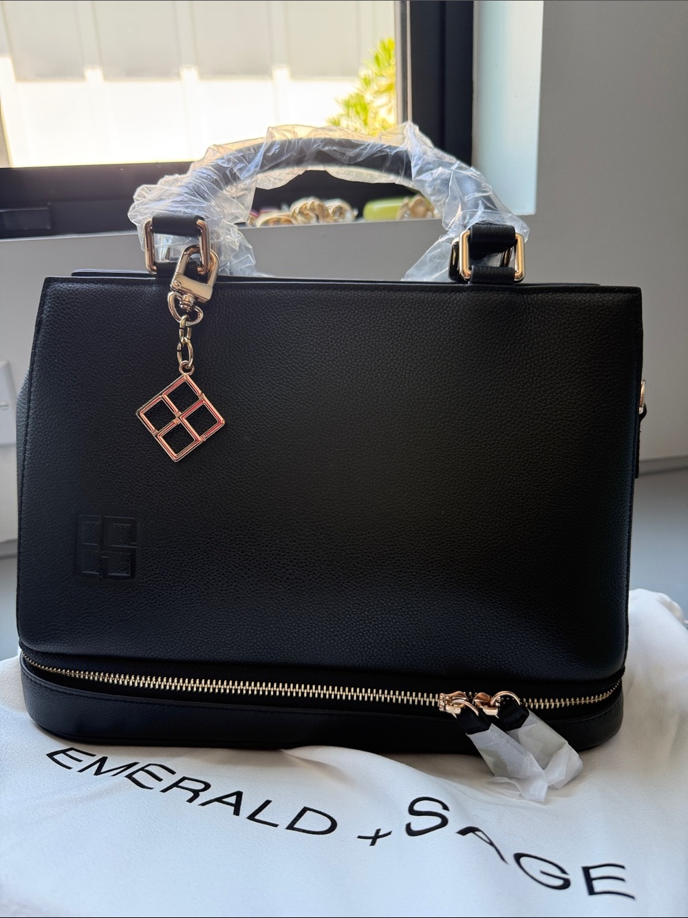Black Structured Top-Handle Satchel with Gold Charm